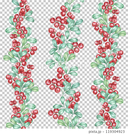 Vertical clusters of red cranberries and green leaves decorate background in this seamless watercolor pattern. Nordic Berry clipart ideal for seasonal branding, fabric designs, or home decor items 119304923