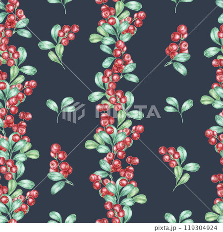 Dark background with vibrant red berries and soft green leaves creates a stunning seamless watercolor pattern. Cranberry with leaves clipart for seasonal products, greeting cards, or textile designs Dark background with vibrant red berries and soft green leaves creates a stunning seamless watercolor pattern. Cranberry with leaves clipart for seasonal products, greeting cards, or textile designs 119304924
