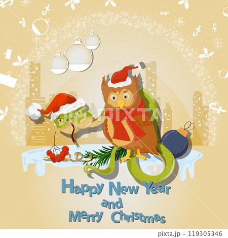 Illustration of the New Year and Christmas a snake and an owl in Santa hats in a circle of snowflakes and a city in the background Illustration of the New Year and Christmas a snake and an owl in Santa hats in a circle of snowflakes and a city in the background 119305346