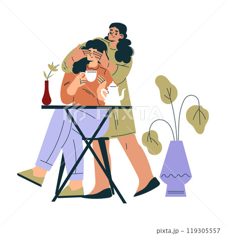 Woman in the Cafe Sitting at Table Enjoy Drink and Communicate Vector Illustration Woman in the Cafe Sitting at Table Enjoy Drink and Communicate Vector Illustration 119305557