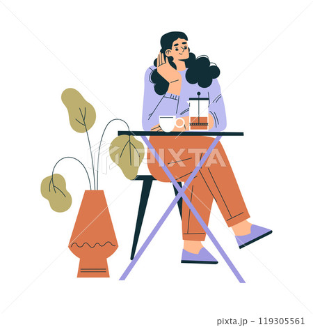 Woman Character in Cafe Sitting on Chair with Tea Cup Vector Illustration Woman Character in Cafe Sitting on Chair with Tea Cup Vector Illustration 119305561