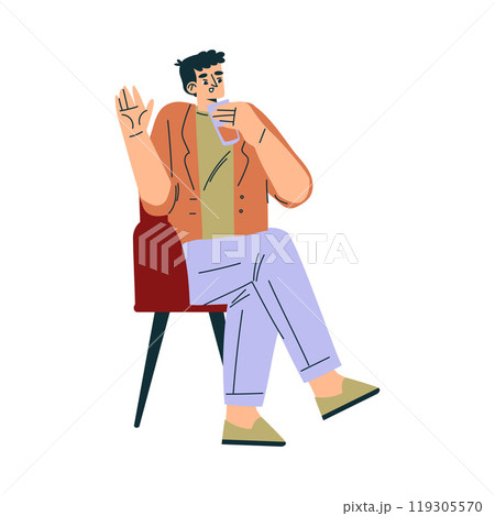 Man Character in Cafe Sitting on Chair with Glass of Juice Vector Illustration 119305570