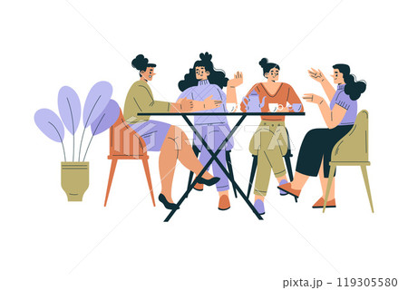 Woman in the Cafe Sitting at Table Enjoy Drink and Communicate Vector Illustration 119305580