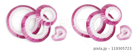 Red onion slices isolated on a white background. Top view. Flat lay 119305723