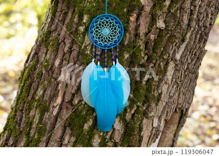 Handmade dream catcher with feathers threads and beads rope hanging 119306047