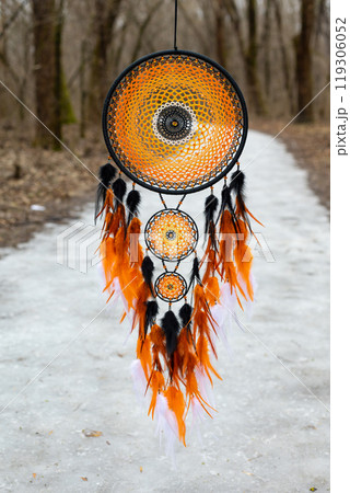 Handmade dream catcher with feathers threads and beads rope hanging Handmade dream catcher with feathers threads and beads rope hanging 119306052