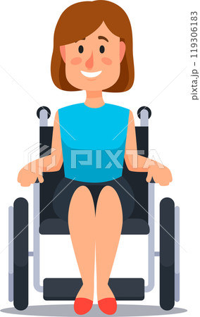 Smiling woman in a wheelchair exudes confidence and happiness in a corporate setting, reflecting success and professionalism, emphasizing inclusivity and equal opportunities 119306183