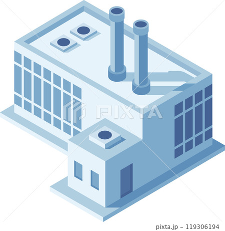 Isometric industrial building representing manufacturing plant with pipes on the roof. Perfect for showing heavy industry concepts 119306194
