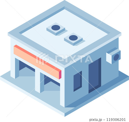 Isometric vector illustration of a modern commercial building with a garage door, large blank sign, and air conditioning units 119306201