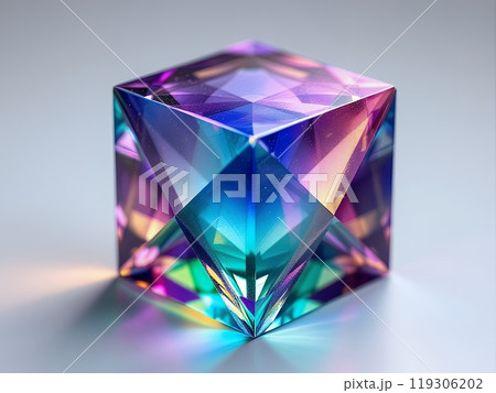 colorful glass cube with vibrant colors, showcasing the geometric perfection of its facets 119306202