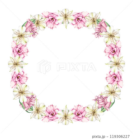 Floral Wreath of white and pink flowers. Watercolor frame of Eustoma and alstroemeria. Composition with Lilies. Floral botanical illustration for graphic design, decorate, product design and postcard 119306227