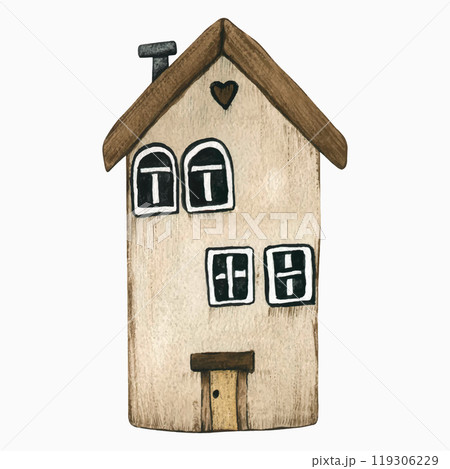 Small cute cartoon grey house isolated on white background. Watercolor stylized children's illustration drawn by hand. Cozy small wooden beige cottage in Scandinavian style. Fishing village. Vector Small cute cartoon grey house isolated on white background. Watercolor stylized children's illustration drawn by hand. Cozy small wooden beige cottage in Scandinavian style. Fishing village. Vector 119306229