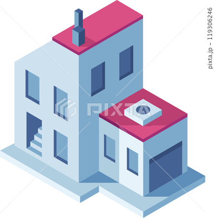 Minimalistic isometric building featuring a garage and a chimney, perfect for architectural visualizations, real estate projects, and urban planning concepts 119306246
