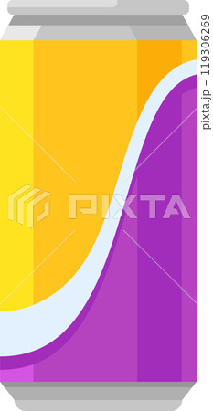 Aluminum can standing with a yellow and purple label, creating a colorful and modern design, suitable for various beverage and product presentations 119306269