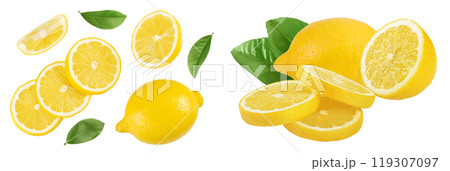 Ripe lemon with slices isolated on white background with full depth of field. Top view. Flat lay 119307097