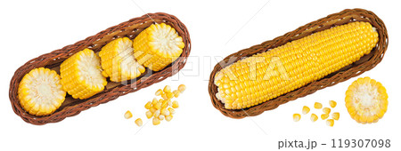 ear of corn in a wicker basket isolated on a white background. Top view. Flat lay 119307098