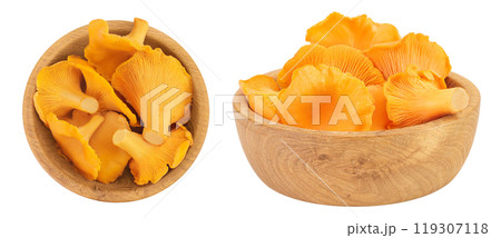 Chanterelle mushroom in wooden bowl isolated on a white background. Top view. Flat lay Chanterelle mushroom in wooden bowl isolated on a white background. Top view. Flat lay 119307118
