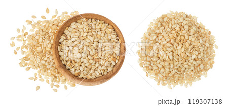 Sesame seeds in wooden bowl isolated on white background. Top view. Flat lay 119307138