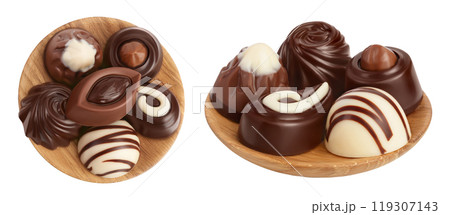 Chocolate candy in wooden bowl isolated on white background with full depth of field. Top view. Flat lay Chocolate candy in wooden bowl isolated on white background with full depth of field. Top view. Flat lay 119307143