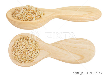 Sesame seeds in wooden and ceramic spoon isolated on white background. Top view. Flat lay Sesame seeds in wooden and ceramic spoon isolated on white background. Top view. Flat lay 119307147