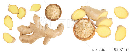 fresh ginger and ground ginger in wooden bowl spice isolated on white background. Top view. Flat lay 119307155