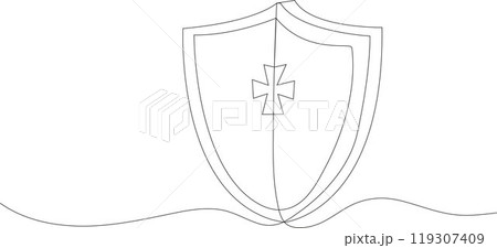 continuous line drawing of a shield with a cross at its center. The design is rendered using a single, unbroken line, creating a clean and minimalist look. 119307409