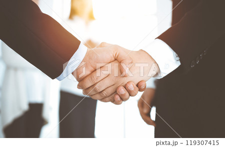 Businessman and woman shaking hands with colleagues at the background. Handshake at meeting in sunny office Businessman and woman shaking hands with colleagues at the background. Handshake at meeting in sunny office 119307415
