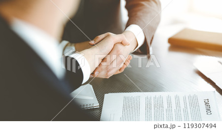 Unknown businessman shaking hands with his colleague or partner above the desk in sunny office, close-up 119307494
