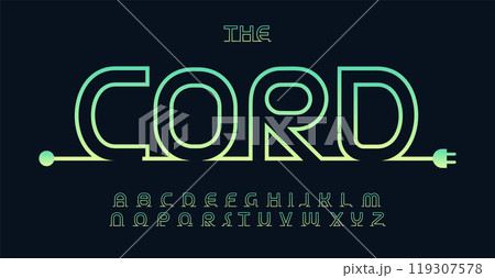 Linear cord font, simple outliner letters, rounded contour alphabet for technology, energy, electric vehicle charging, renewable energy, electronics, gadget startups, tech branding. Vector typeset Linear cord font, simple outliner letters, rounded contour alphabet for technology, energy, electric vehicle charging, renewable energy, electronics, gadget startups, tech branding. Vector typeset 119307578