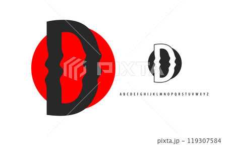 Letter D silhouette on red sun, twisting alphabet. Japanese logo for sushi roll restaurant logo, asian cultural event logotype. Vector logo and typeset 119307584