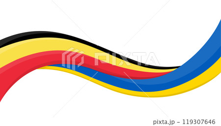 Wavy ribbon banner of Ukraine flag with Belgium Flag. Unity, solidarity, cooperation symbols. Logo for charity events, national campaigns, NGO, social initiatives, sports teams. Vector illustration. 119307646