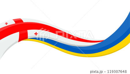 Wavy ribbon banner of Ukraine National flag with Georgia National Flag. Unity and cooperation symbol. Logo for charity social events, NGO, sports team, peace summit. Vector illustration. 119307648