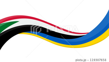 Wavy ribbon banner of Ukraine National flag with Sudan National Flag. Unity and cooperation symbol. Logo for charity and social events, NGO initiative, peace summit, sport teams. Vector illustration. 119307658