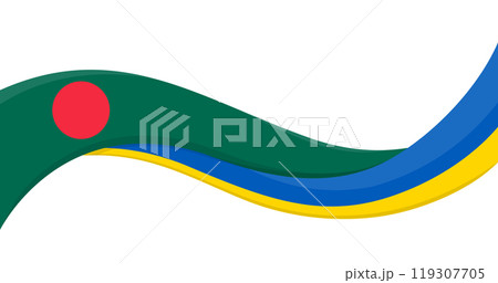 Wavy ribbon banner of Ukraine National flag with Bangladesh National Flag. Unity and cooperation symbol. Logo for charity social events, NGO, sports team, peace summit. Vector illustration. 119307705