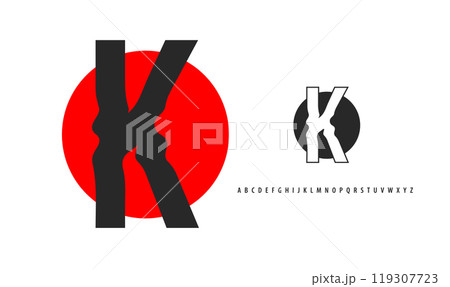 Letter K silhouette on red sun, twisting alphabet. Japanese logo for sushi roll restaurant logo, asian cultural event logotype. Vector logo and typeset Letter K silhouette on red sun, twisting alphabet. Japanese logo for sushi roll restaurant logo, asian cultural event logotype. Vector logo and typeset 119307723