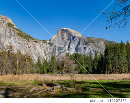 Sunny view of the beautiful half dome at Yosemite National Park Sunny view of the beautiful half dome at Yosemite National Park 119307873