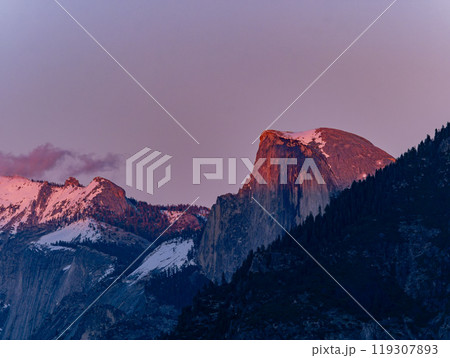 Sunset view of the beautiful half dome at Yosemite National Park 119307893