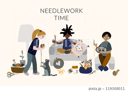 Group girls cat making needlework vector artwork 119308011