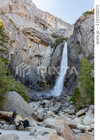 Sunny view of the Lower Yosemite Falls in Yosemite National Park Sunny view of the Lower Yosemite Falls in Yosemite National Park 119308072