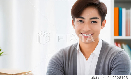 カメラ目線で笑顔の若い男性。明るい室内 119308198