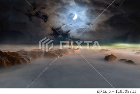 月夜の鳥居と荒波 119308213