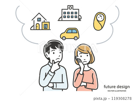 将来の人生設計について考える若い夫婦のイメージイラスト素材 将来の人生設計について考える若い夫婦のイメージイラスト素材 119308278