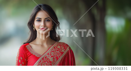 Portrait of a Woman in Traditional Red Saree 119308331