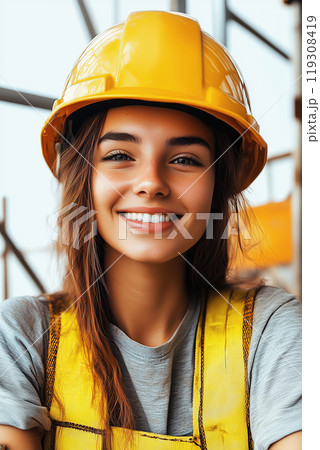Smiling Female Construction Worker in Hard Hat 119308419
