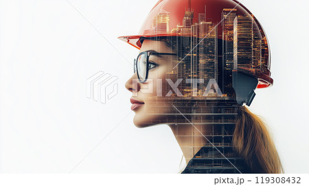 A female engineer wearing a hard hat, with a double exposure effect combining her face and construction projects 119308432