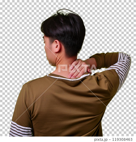 Back view of a man with his hands on his neck Back view of a man with his hands on his neck 119308463