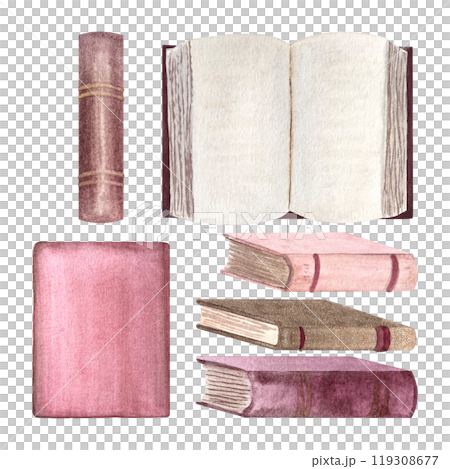 Pile of pink hardcover old books, book spine, front, open book watercolor set isolated on white. Hand painted art perfect for stationary, bookstore, reading theme, book club labels, logo design 119308677