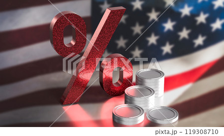 The percent and coins on usa flag Background 3d rendering. 119308710