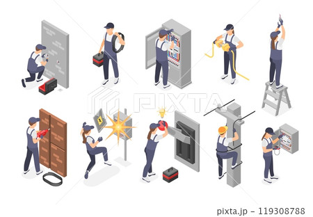 Isometric electricians. Male female electrical workers in uniform working with transformers switchboards voltage equipment, flawless vector characters 119308788