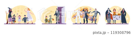 Halloween party. Adults children autumn festive activities, trick or treat dancing drinking scaring. Kids and parents wear masquerade costumes, kicky vector scenes 119308796